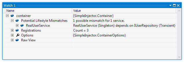 Example of the Simple Injector Diagnostics Debugger Watch